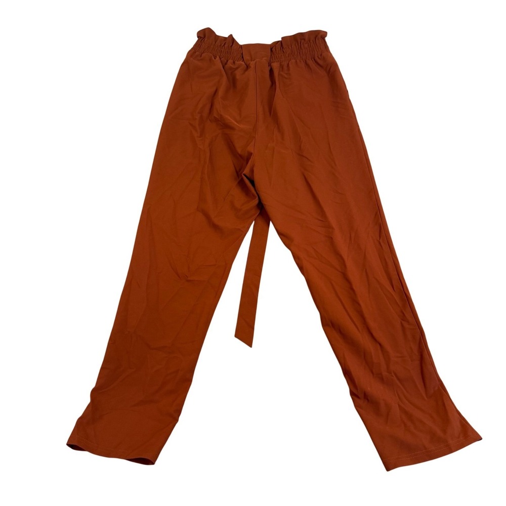 Kole Women Rust Orange Paperbag Waist Pants Tie Belt Tapered Leg Medium